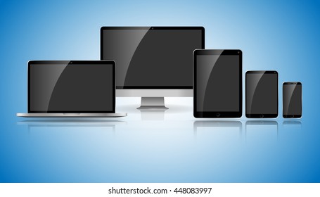 Set of realistic vector devices concept with laptop, tablet, monitor, computer and smartphone. Isolated Device mockup desktop. devices and smartphone mockup.