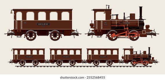 Set of realistic vector drawings of railway transport silhouettes. Vintage steam locomotive, passenger and freight railway cars carriage.