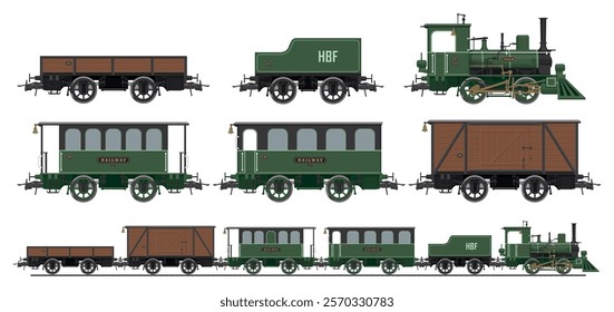 Set of realistic vector drawings of railway transport silhouettes. Vintage steam locomotive, passenger and freight railway cars carriage.