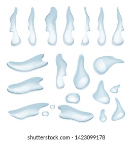 A set of realistic vector drops of water flow down isolated on white background, natural Glass bubble clear crystal splash
