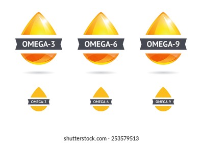 Set of realistic vector fatty acids oil drop icons isolated on white background. Omega-3, Omega-6, Omega-9 source label