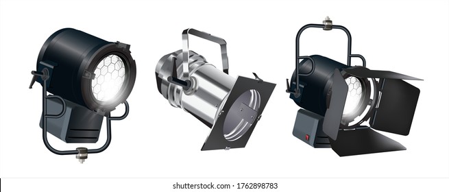 Set of realistic vector floodlights, soffits, studio lights. Professional shooting light, studio projector. Cinema production, photoshooting. Spotlight isolated on white background