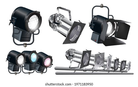 Set of realistic vector floodlights, soffits, studio lights. Professional shooting light, studio projector. Cinema production, photoshooting. Spotlight isolated on white background
