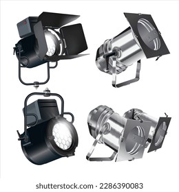 Set of realistic vector floodlights, soffits, studio lights. Professional shooting light, studio projector. Cinema production, photoshooting. Spotlight isolated on white background