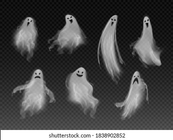 Set of realistic vector fog ghosts. 3d smokes looking like night ghouls. Halloween illustration of scary poltergeist or phantom