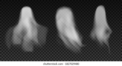 Set of realistic vector ghosts. 3d smokes looking like night ghouls. Halloween illustration of scary poltergeist or phantom