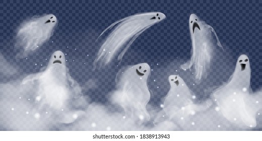 Set of realistic vector ghosts in fog. 3d smokes looking like night ghouls in mystic glittered smoke. Halloween illustration of scary poltergeist or phantom