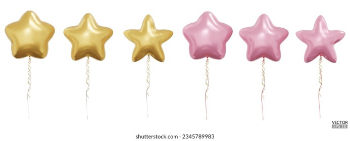 Set of realistic vector gold, pink star balloons isolated on white background. Helium star balloons clipart for anniversary, birthday, wedding, party. 3D vector illustration.