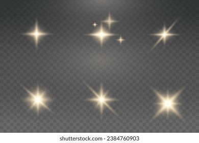 Set of realistic vector gold stars png. Set of vector suns png. Golden flares with highlights.