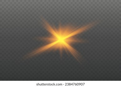 Set of realistic vector gold stars png. Set of vector suns png. Golden flares with highlights.