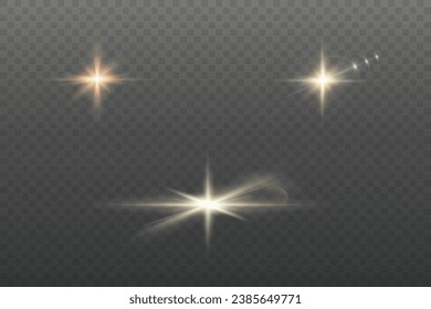  Set of realistic vector gold stars png. Set of vector suns png. Golden flares with highlights.
