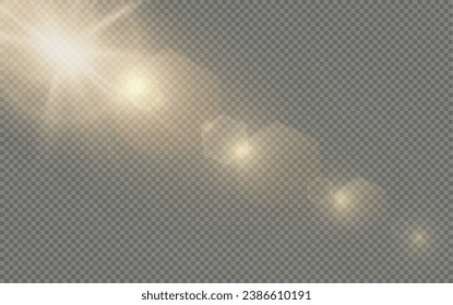  Set of realistic vector gold stars png. Set of vector suns png. Golden flares with highlights.