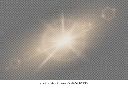  Set of realistic vector gold stars png. Set of vector suns png. Golden flares with highlights.