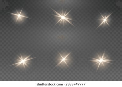  Set of realistic vector gold stars png. Set of vector suns png. Golden flares with highlights.