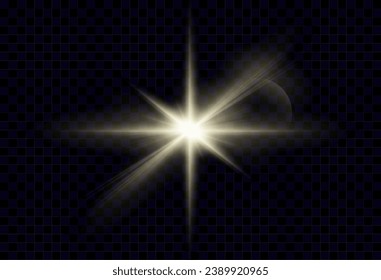 Set of realistic vector gold stars png. Set of vector suns png. Golden flares with highlights.