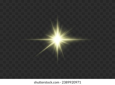 Set of realistic vector gold stars png. Set of vector suns png. Golden flares with highlights.