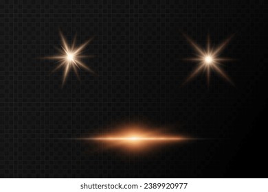 Set of realistic vector gold stars png. Set of vector suns png. Golden flares with highlights.