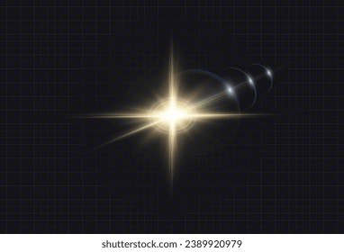 Set of realistic vector gold stars png. Set of vector suns png. Golden flares with highlights.
