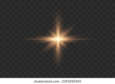 Set of realistic vector gold stars png. Set of vector suns png. Golden flares with highlights.