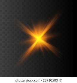 Set of realistic vector gold stars png. Set of vector suns png. Golden flares with highlights.