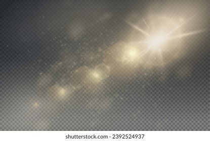 Set of realistic vector gold stars png. Set of vector suns png. Golden flares with highlights.