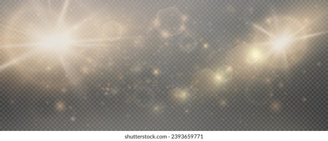 Set of realistic vector gold stars png. Set of vector suns png. Golden flares with highlights.