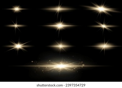 Set of realistic vector gold stars png. Set of vector suns png. Golden flares with highlights.