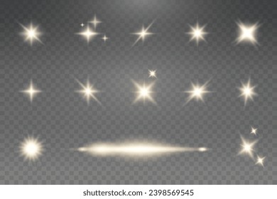 Set of realistic vector gold stars png. Set of vector suns png. Golden flares with highlights.