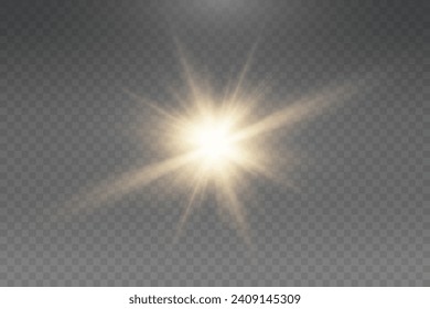 Set of realistic vector gold stars png. Set of vector suns png. Golden flares with highlights.