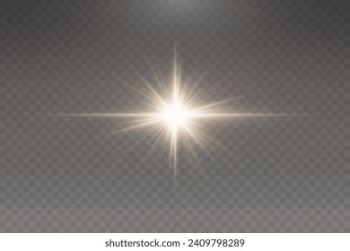 Set of realistic vector gold stars png. Set of vector suns png. Golden flares with highlights.