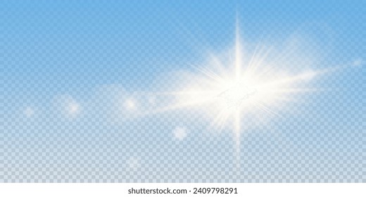 Set of realistic vector gold stars png. Set of vector suns png. Golden flares with highlights.