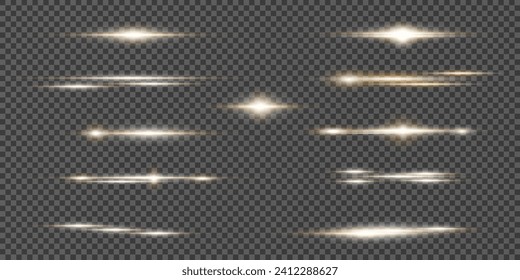 Set of realistic vector gold stars png. Set of vector suns png. Golden flares with highlights.Horizontal light lines, laser, flash.