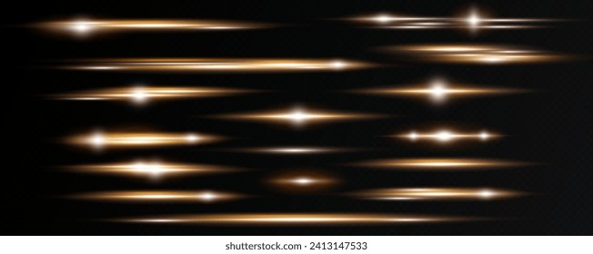 Set of realistic vector gold stars png. Set of vector suns png. Golden flares with highlights.Horizontal light lines, laser, flash.