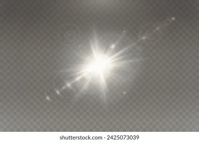 Set of realistic vector gold stars png. Set of vector suns png. Golden flares with highlights.