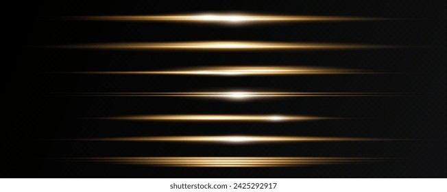 Set of realistic vector gold stars png. Set of vector suns png. Golden flares with highlights.Horizontal light lines, laser, flash.