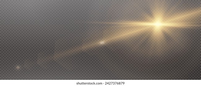 Set of realistic vector gold stars png. Set of vector suns png. Golden flares with highlights.