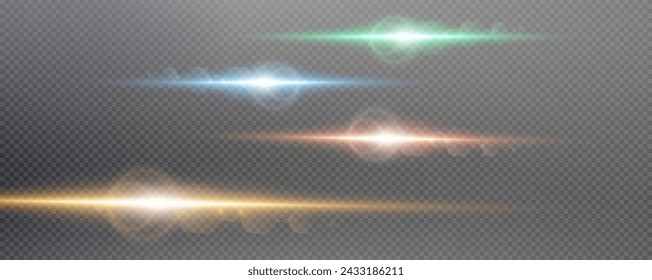 Set of realistic vector gold stars png. Set of vector suns png. Golden flares with highlights.Horizontal light lines, laser, flash.