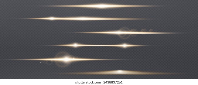 Set of realistic vector gold stars png. Set of vector suns png. Golden flares with highlights.Horizontal light lines, laser, flash.
