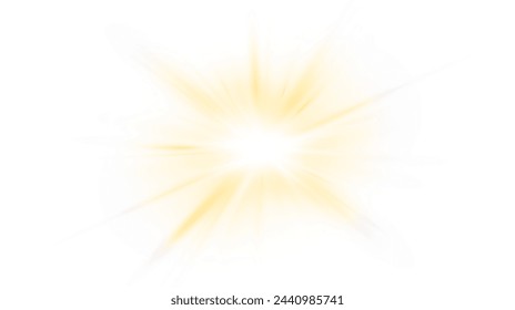 Set of realistic vector gold stars png. Set of vector suns png. Golden flares with highlights.