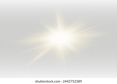 Set of realistic vector gold stars png. Set of vector suns png. Golden flares with highlights.