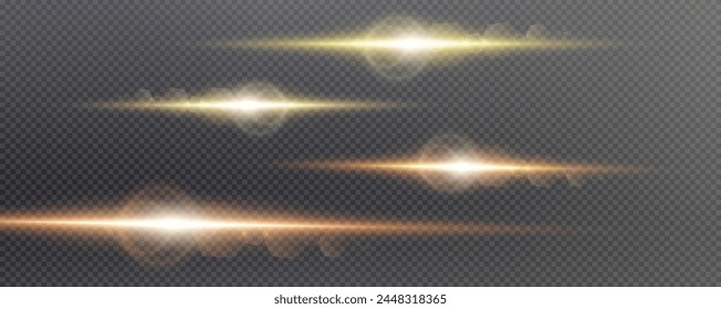Set of realistic vector gold stars png. Set of vector suns png. Golden flares with highlights.Horizontal light lines, laser, flash.