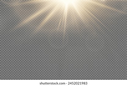 Set of realistic vector gold stars png. Set of vector suns png. Golden flares with highlights.