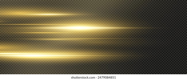 Set of realistic vector gold stars png. Set of vector suns png. Gold flares with highlights. Horizontal light lines, laser, flash. Gold special effect, magic of moving fast motion laser beams.