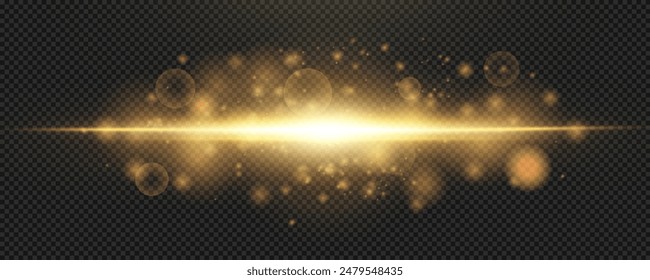 Set of realistic vector gold stars png. Set of vector suns png. Gold flares with highlights. Horizontal light lines, laser, flash. Bright magikal light effect with rays and many glares of light.