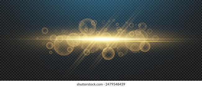 Set of realistic vector gold stars png. Set of vector suns png. Gold flares with highlights. Horizontal light lines, laser, flash. Bright magikal light effect with rays and many glares of light.