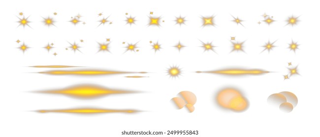 Set of realistic vector gold stars png. Set of vector suns png. Gold flares with highlights. Horizontal light lines, laser, flash.
