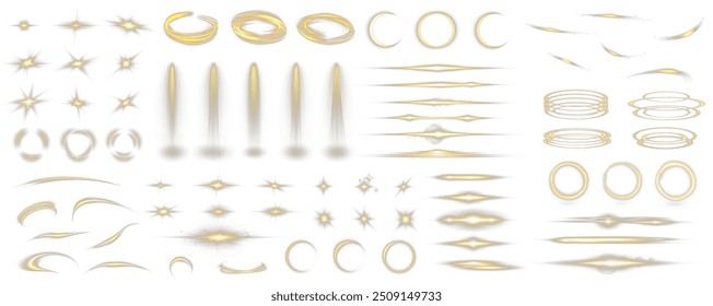 Satz von realistischen Vektor Gold Sterne png. Satz von Vektorsonnen png. Goldfackeln mit Highlights. Horizontale Lichtlinien, Laser, Blitz Heller magikaler Lichteffekt mit Strahlen und vielen Lichtstrahlen.