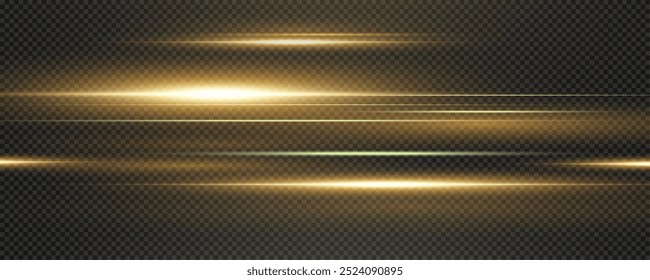 Set of realistic vector gold stars png. Set of vector suns png. Gold flares with highlights. Horizontal light lines, laser, flash. Gold white special effect, magic of moving fast motion laser beams.