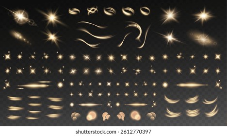 Set of realistic vector gold stars png. Set of vector suns png. Gold flares with highlights. Horizontal light lines, laser, flash. Bright magikal light effect with rays and many glares of light.