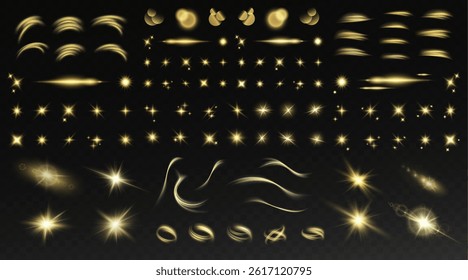 Set of realistic vector gold stars png. Set of vector suns png. Gold flares with highlights. Horizontal light lines, laser, flash. Bright magikal light effect with rays and many glares of light.
